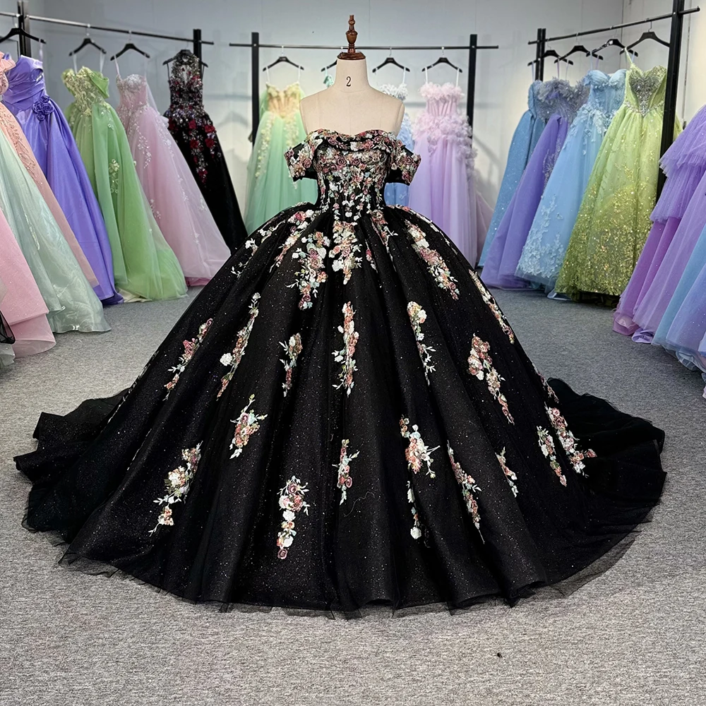 open lace back dress Black Lace Strapless Long Sweet 16 Prom Dress, Long Tulle Graduation Dress  N1471 main image 1