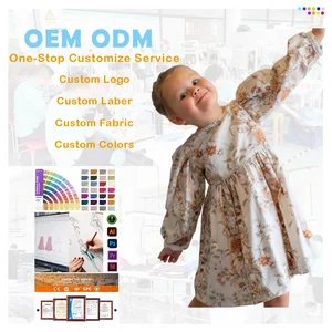 Custom Summer Girls Satin Flower Lace Floral Print Baby Girls Twirly A-Line Dress Long Sleeve