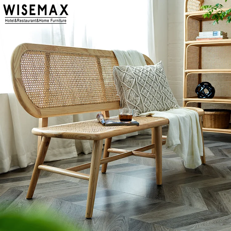 WISEMAX FURNITURE Modern Design Furniture Solid Wooden Long Bench Natural Rattan Sheef Woven Chair Bench for Garden and Cafe Sho