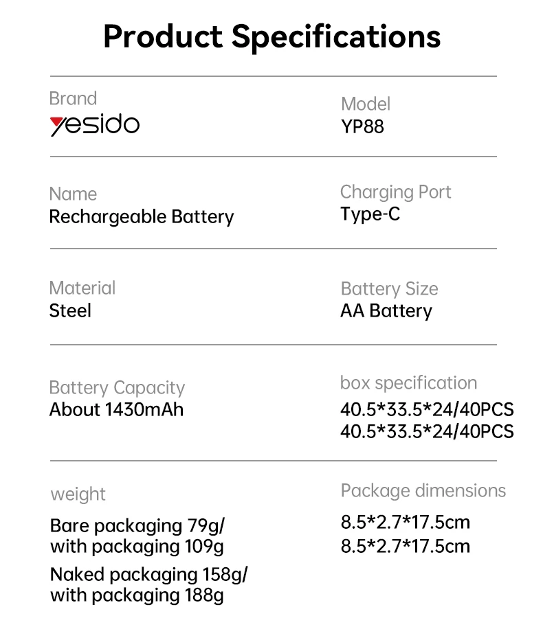 Yesido 1430mAh Large Sufficient Capacity Type-C Charging Port Recyclable AA Battery Rechargeable Battery YP88