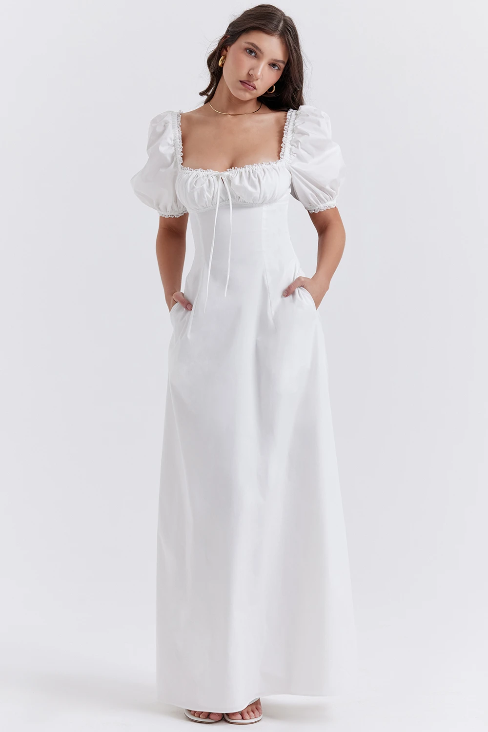 Custom Summer Women Backless Maxi Dresses Elegant White Bubble Sleeve Long Casual Dress