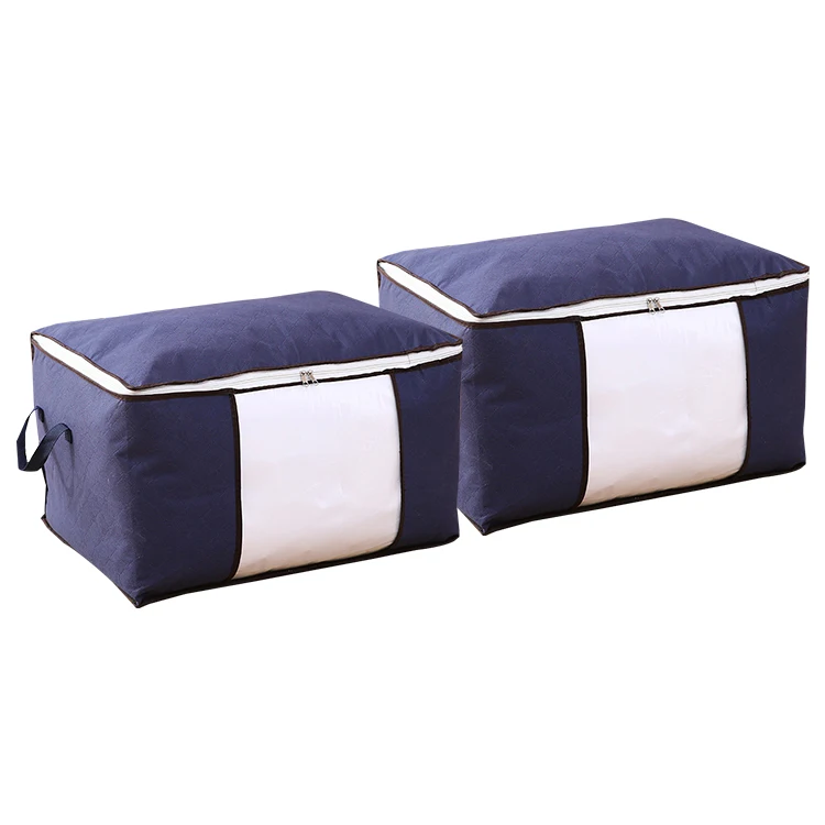 Hot Sale Clear Rectangle Storage Box Factory Customizable Non-woven Clothes Quilt Organizing Bag with Lid Navy Blue Foldable