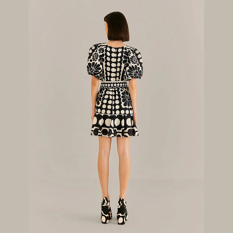 Women's Casual Summer Mini Dress with Round Neck & Patchwork Belt Hit Color Woven Ruffles Eco-Friendly Hit Color Print Dress