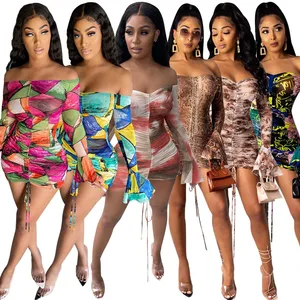 Spring New Women's One Shoulder Sexy Printed Strap Pleated Dress