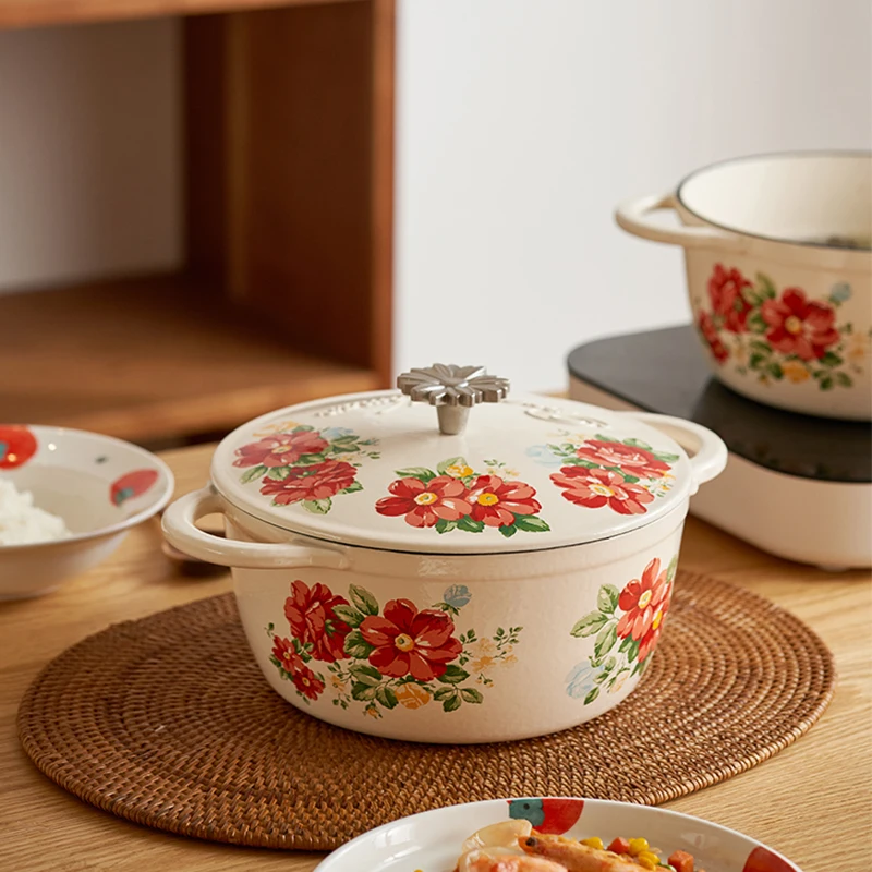 Kitchen Cooking Pot Sets Flower Pattern Big Shallow Cast Iron Cookware 30741