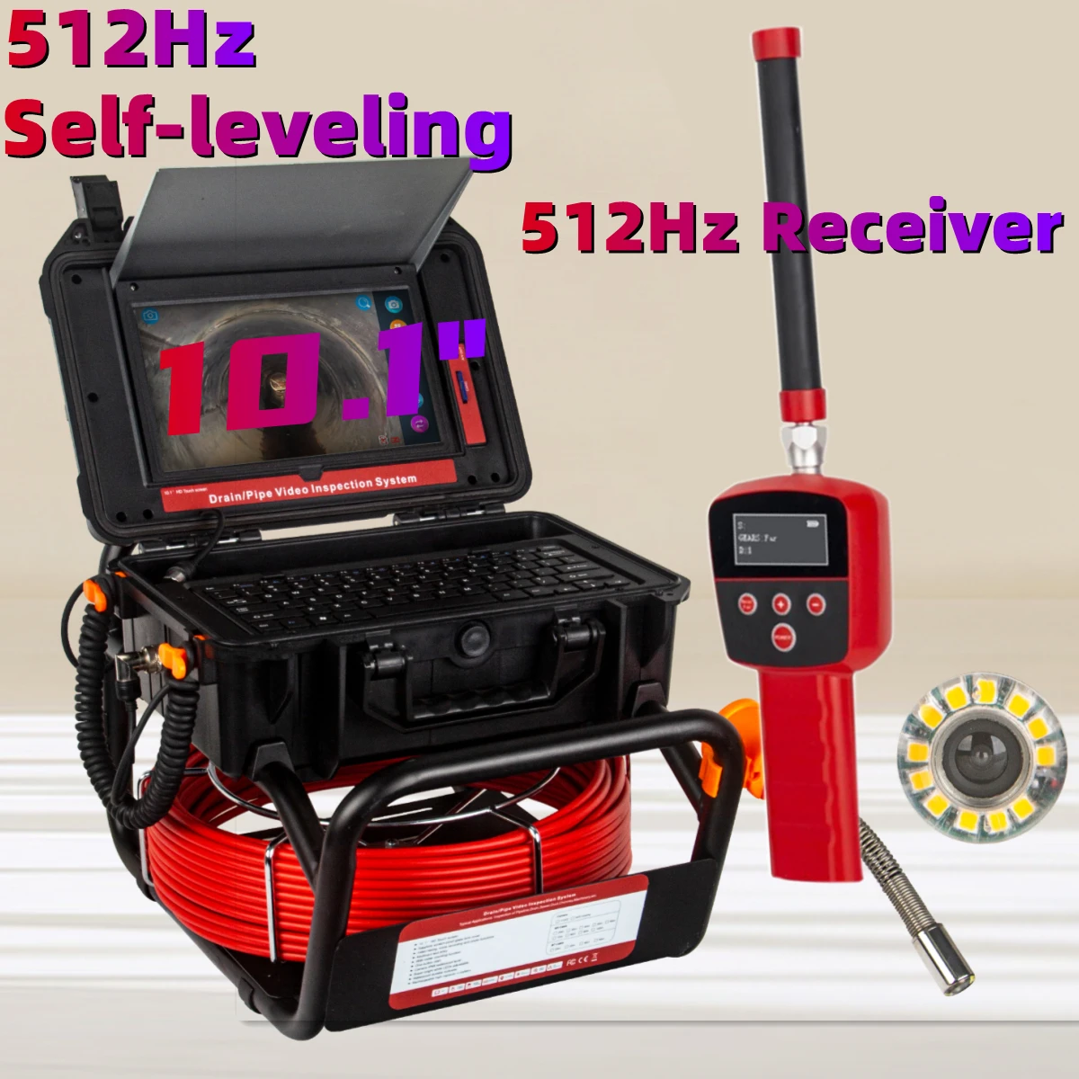 Sewer Inspcetion Camera 512HZ Sonde/Transmitter+Locator/Receiver, Drain Camera with 10.1inch 1080P Touch Screen Meter Counter 16GB Audio+Video for Pipes Inspection details