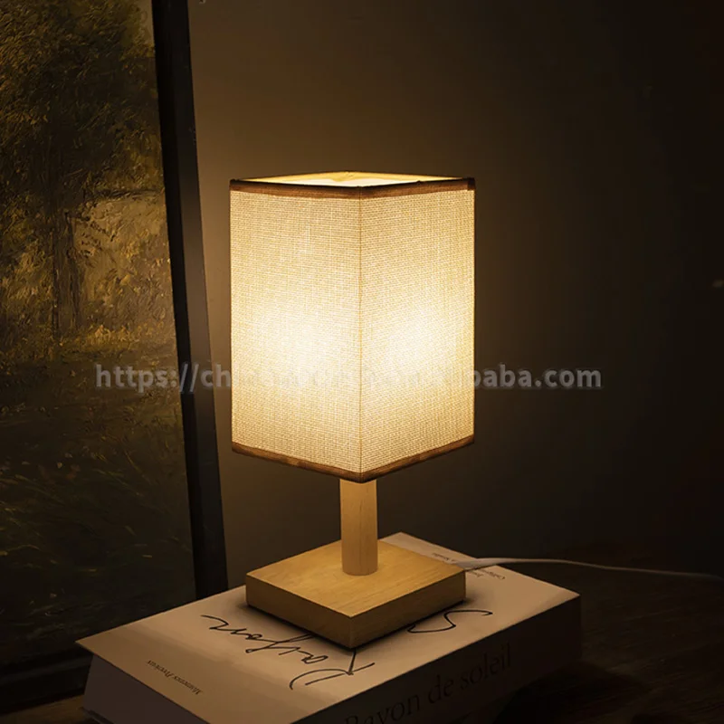 Wooden Base Fabric Shade Simplicity Design Linen Round Table Lamp Light for Reading Room Bedside Living Room