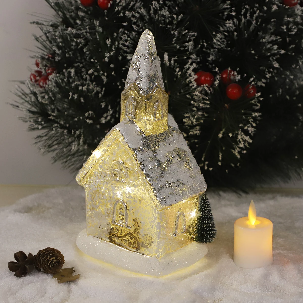 2024 New Year Winter Snow-covered  Golden Glitter Glass House Church Ornament Christmas Home Indoor Decoration Warm Tea Lights factory