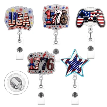 Customized USA Independence Day Badge Reel Glitter Acrylic Badge American 1776 Star Flag Badge Holder for School Office Staff