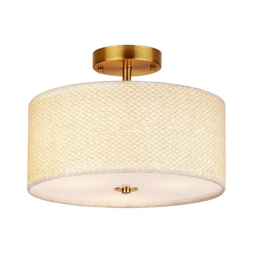 CLARSYNE 13 tum boho-inspirerad taklampa i rattanstil, ytmontorad, 3-ljus modern lampa med tygskärm i trumform, vit rustik belysning