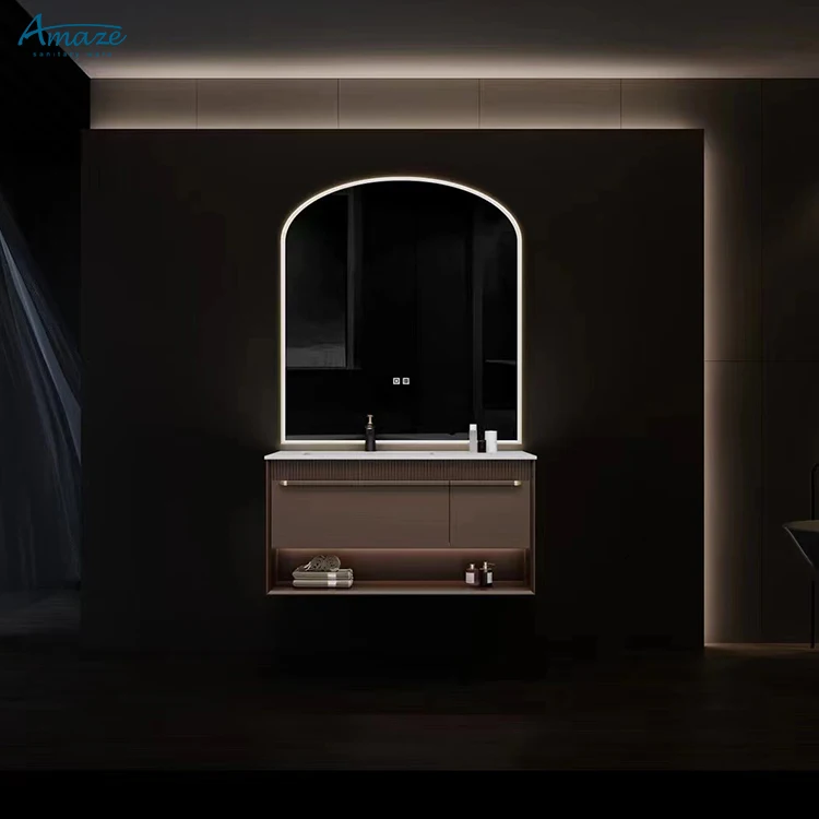 Modern simple design customize bath wall mounted furniture bathroom mirrored vanity cabinet with ceramic sink details