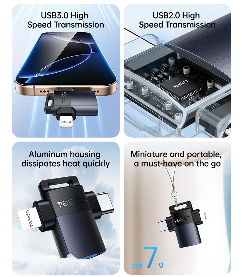 Yesido USB3.0 USB haute vitesse vers IP/type-c en alliage d'aluminium léger 2-en-1 adaptateur OTG GS35