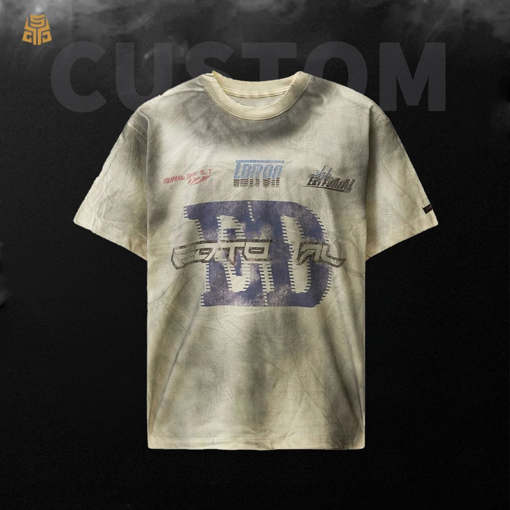 Men's Heavyweight 100% Cotton T-Shirts Vintage Distressed Acid Wash Oversized T Shirt Digital Printing Dirty Wash Tshirt for Men