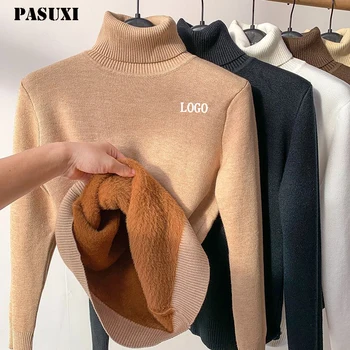 PASUXI Winter Turtleneck Sweater Women Keep Warm Fleece Lined Knitted Pullovers Fashion Velvet Basic Slim Knitwear Jumper Tops