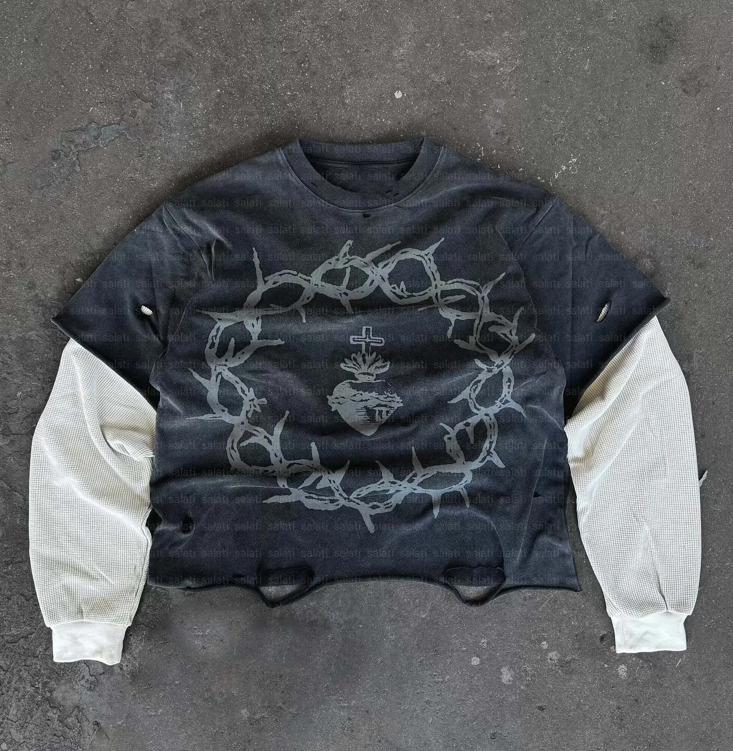 Custom Screen Print T-Shirt Vintage Cotton Ripped Double Layer Long Waffle Sleeve Top Distressed Stone Acid Wash T Shirt for Men gallery 8