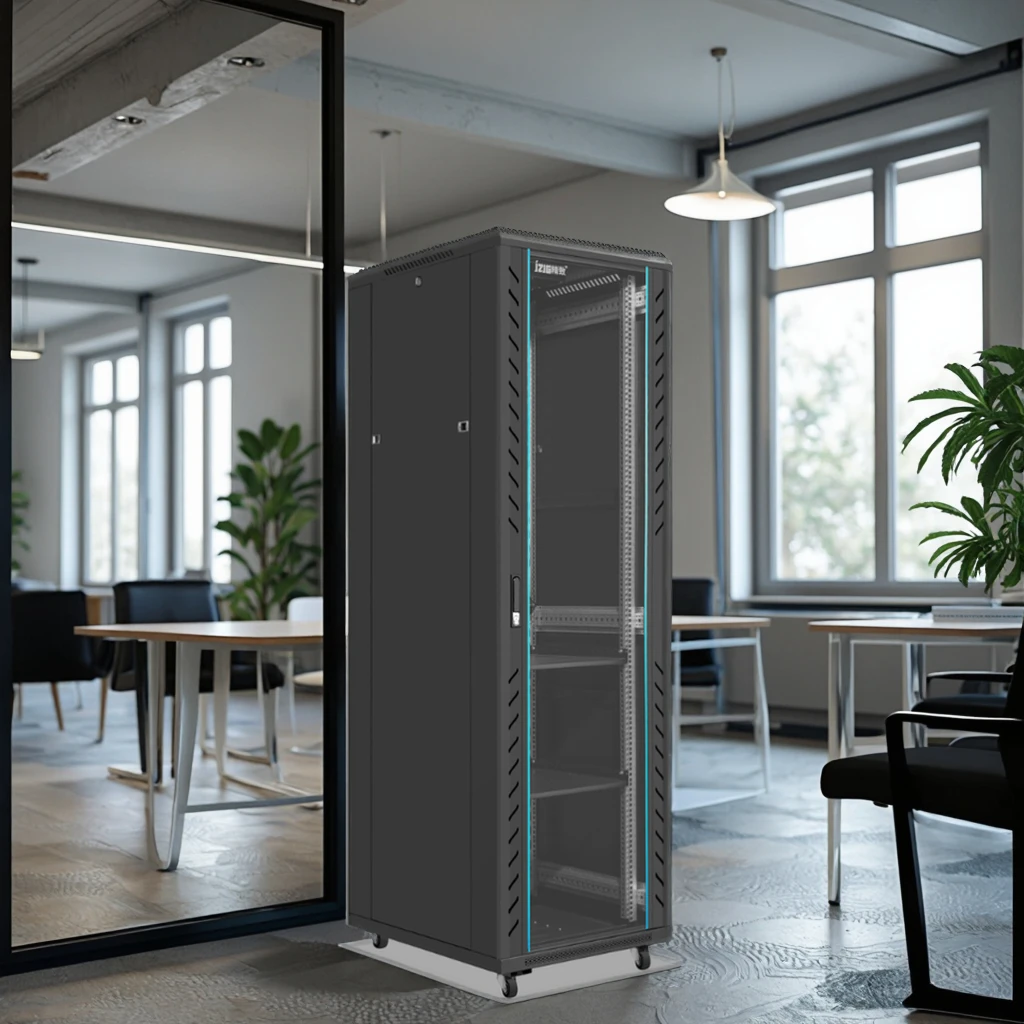 42U 19-Inch IT Network Server Rack Cabinet with Casters Steel Enclosure for Data Center Stock Product with Glass Door Front