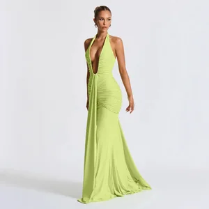 Wholesale Casual Ruched Sexy Maxi Dress Ladies' Halter Sleeveless Draped Club Deep V Neck Backless Party Long Dresses