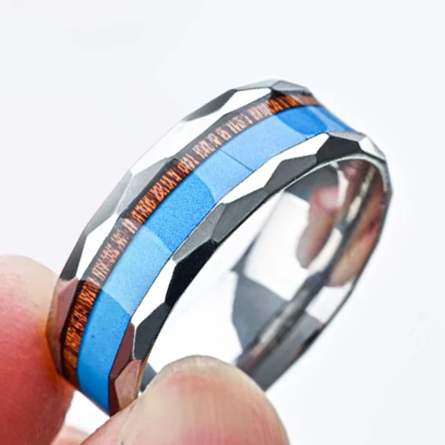 CHENG JEWELERS Wholesales 8MM Faceted Edge Engagement Bands Wood Blue Turquoise Stone Inlay Tungsten Carbide Rings for Men