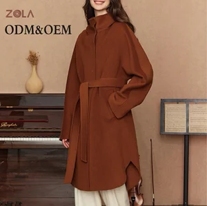 Handmade Lady's Casual Long Woolen Coat Winter Outerwear with Double Sided Button Decoration Belt Closure and Pocket