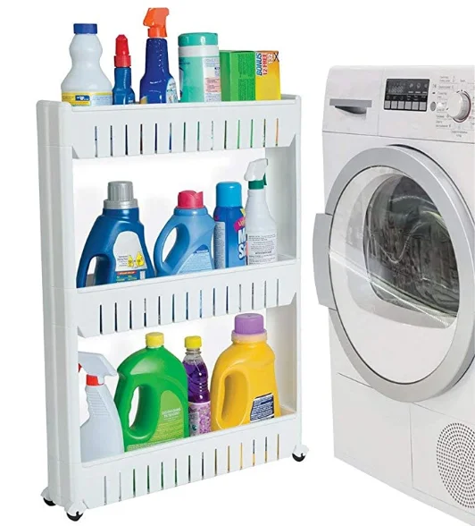 3-Tier Slim Storage Rack Narrow Space Organizer with Wheels for Bathroom & Kitchen Removable Corner Shelf in Plastic
