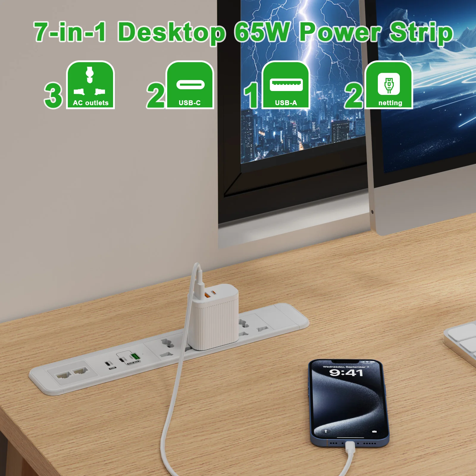 ETL Listed Furniture Drawer Outlet - Recessed Power Strip With 3 AC Outlets & 3 USB Ports (20W Fast Charging), 5ft Spring Cord, Tamper-Resistant