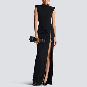 Factory Wholesale Sexy Black Long Dress Women Spring Summer Turtleneck Sleeveless Luxury Zipper Split Elegant Party Dress