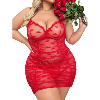 Women Sexy Halter Sheer Lingerie Babydoll Nightwear Floral Heart Embroidered Push Up Lingerie Dress Chemise Nightgown Sleepwear