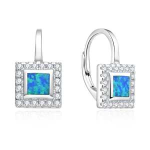 925 Sterling Silver Opal White Zircon Trendy Geometric Stone Accessory Square Shape French Lock Earrings