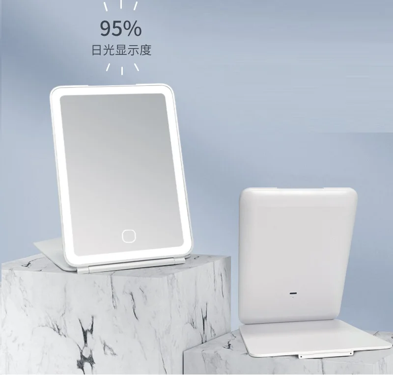 Portable Foldable LED Lighted Cosmetic Mirror Mini IPad Style Desktop Makeup Mirror Square Travel Tabletop Makeup Vanity