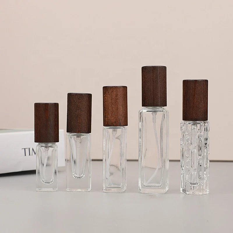 Fancy Crystal 5 ml 6 ml 10 ml Refillable Atomiser square Wooden Cap Perfume Bottles Spray Wood Cap