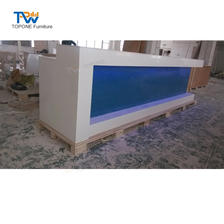 l Shape Blue Led Lighted Quartz Stone Restaurant bar Counter with Back Cabinet