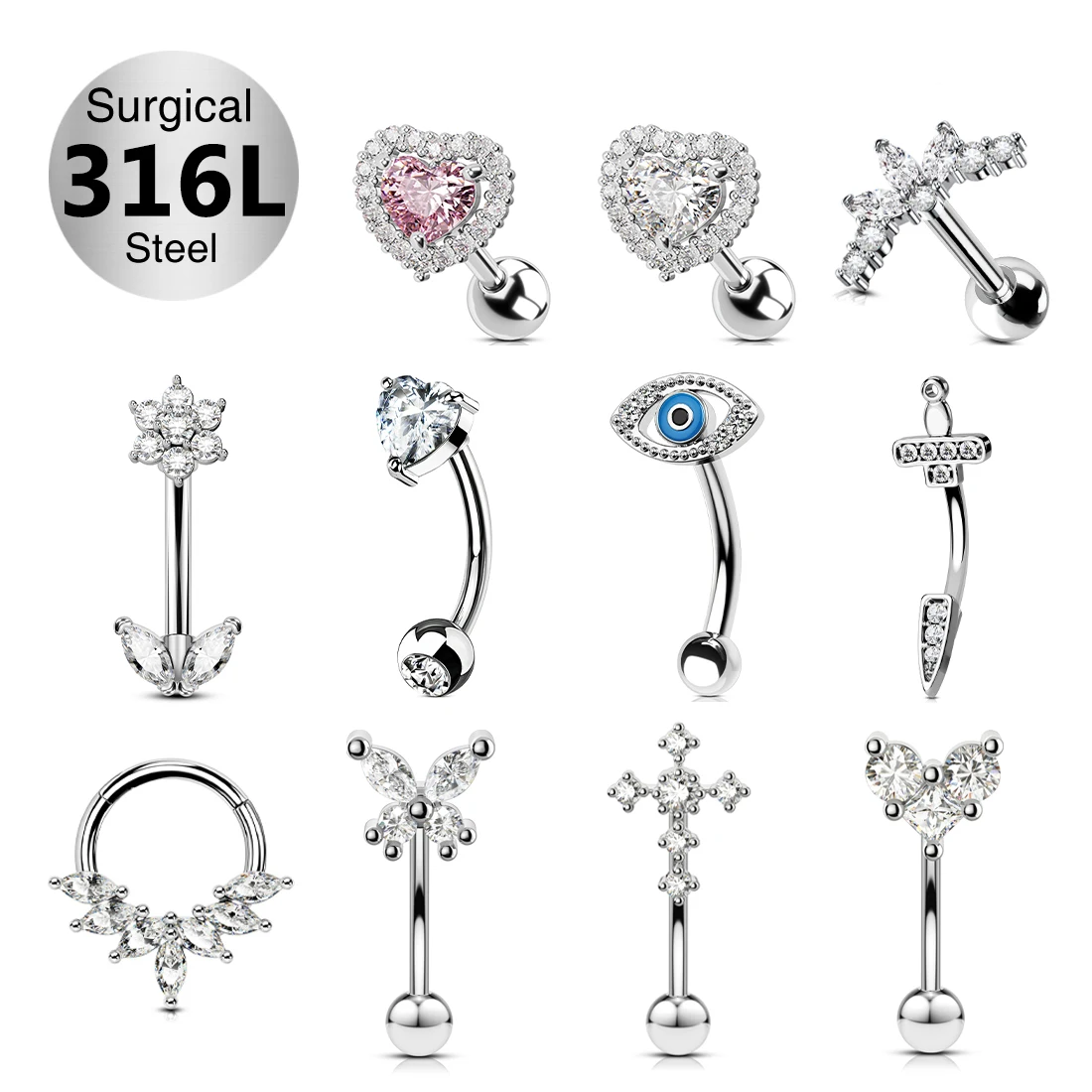 316l Surgical Stainless Steel Cartilage Earrings Studs Heart Cz Zircon ...