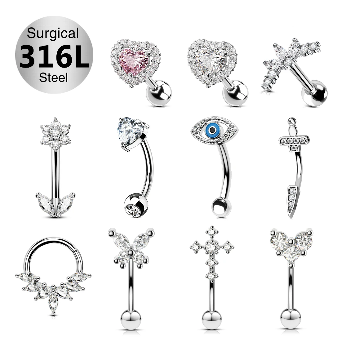 316l Surgical Stainless Steel Cartilage Earrings Studs Heart Cz Zircon