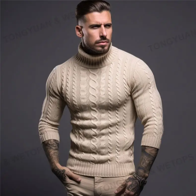 2023 Custom Clothing Men Casual Knit Turtleneck Sweater Ribbed Men