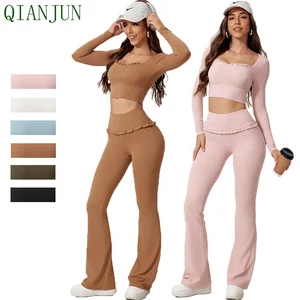 Hot Sell Gym Fitness Wear 2 Piece Yoga Set Workout Casual Long Sleeve Clothing Flared Pants for Women Sportswear