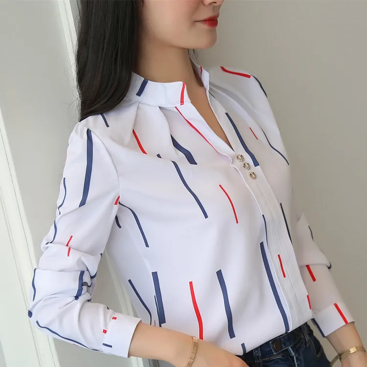 elegante camisa impresa mujer primavera otoño tops oficina coreana moda  slim blanco gasa blusa camisas de manga larga blusas