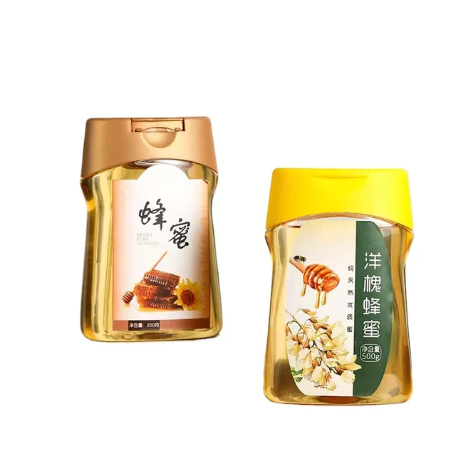 Custom label printing 250ml 350ml Food Grade PET Honey Syrup Squeeze Plastic Bottles Squeeze Sauce Bottle with Thumb Flip Lid