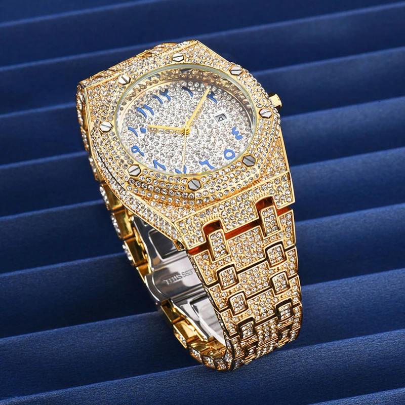 布鲁斯新设计日本石英机芯蓝色阿拉伯数字表盘全水晶钻石豪华男士腕表