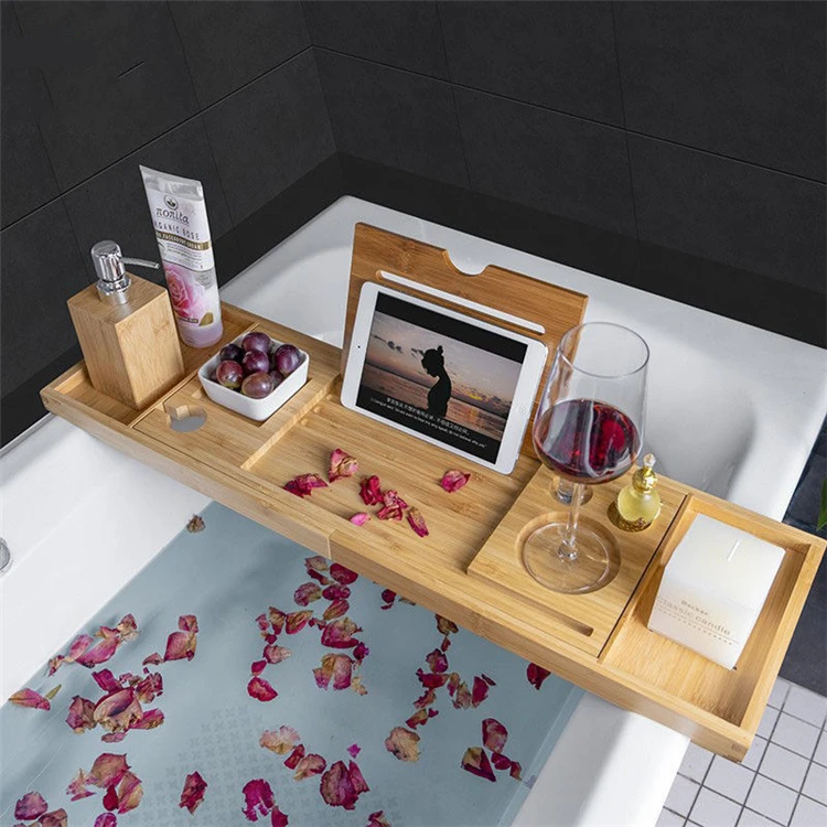 Bamboo Bathtub Tray With Expandable Handles Wine Glass Phone Holder