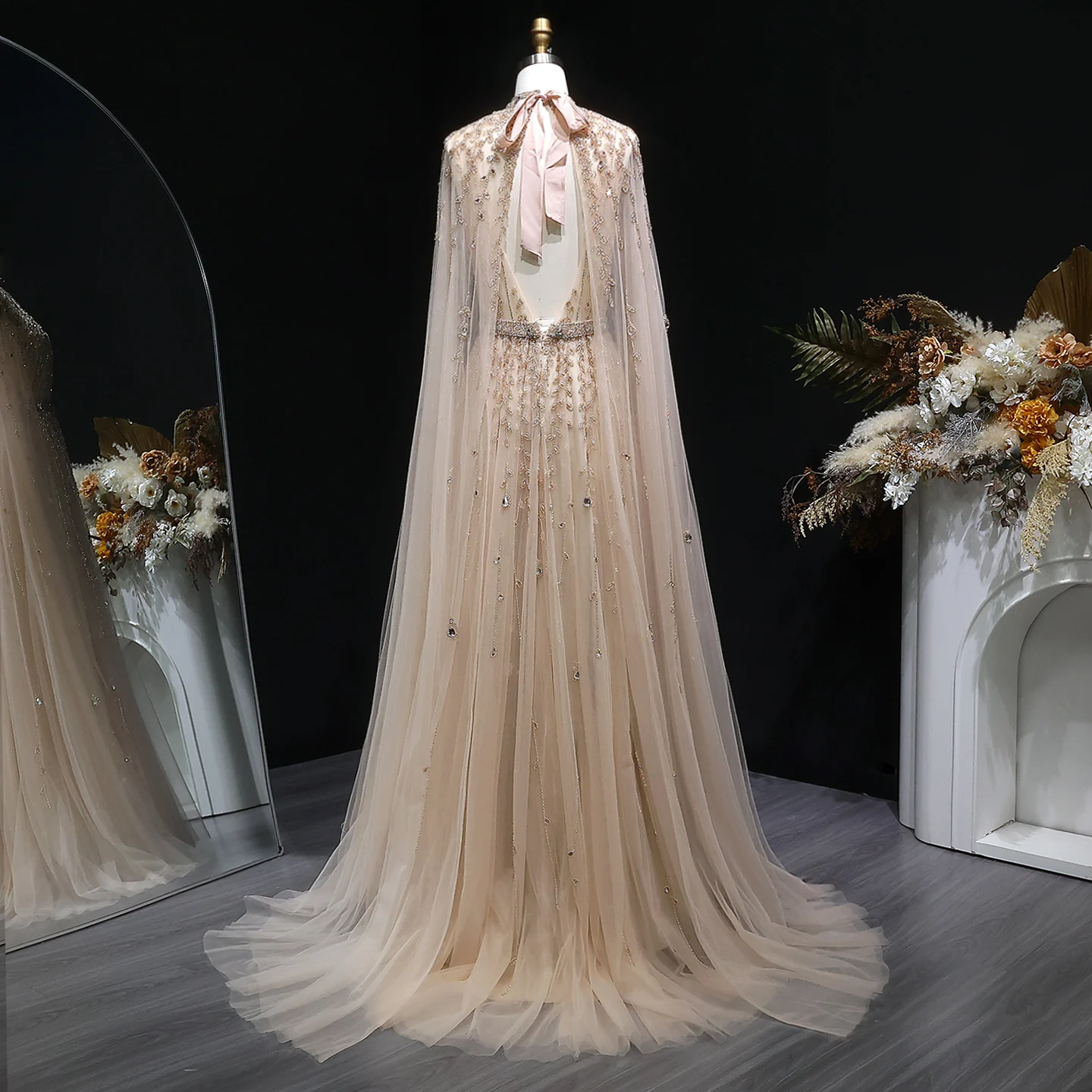 Sharon Said SS495 Luxury Dubai Champagne Cape Sleeve Evening Dress Lilac  Elegant Arabic Women Wedding Party Gown