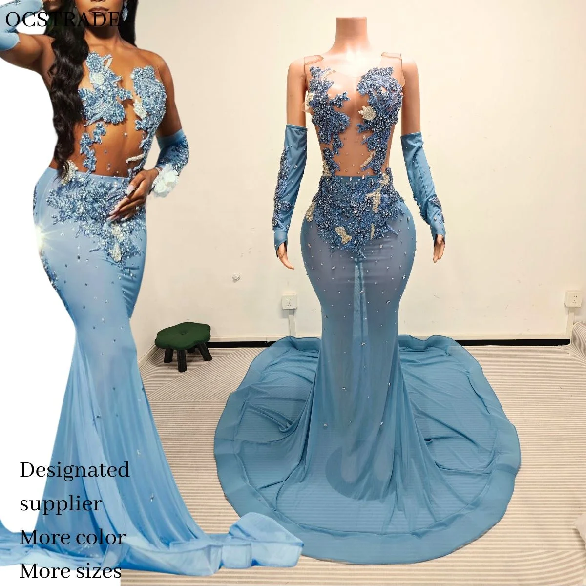 blue dress fast shipping Dreamy Blue Beaded Formal Gown GLGL3677 main image 0