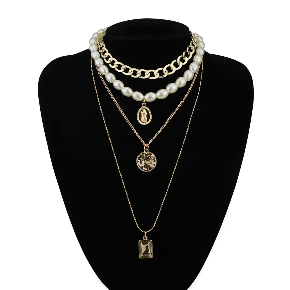 new accessories multi-layer imitation pearl necklace female coin crystal pendant sweater chain