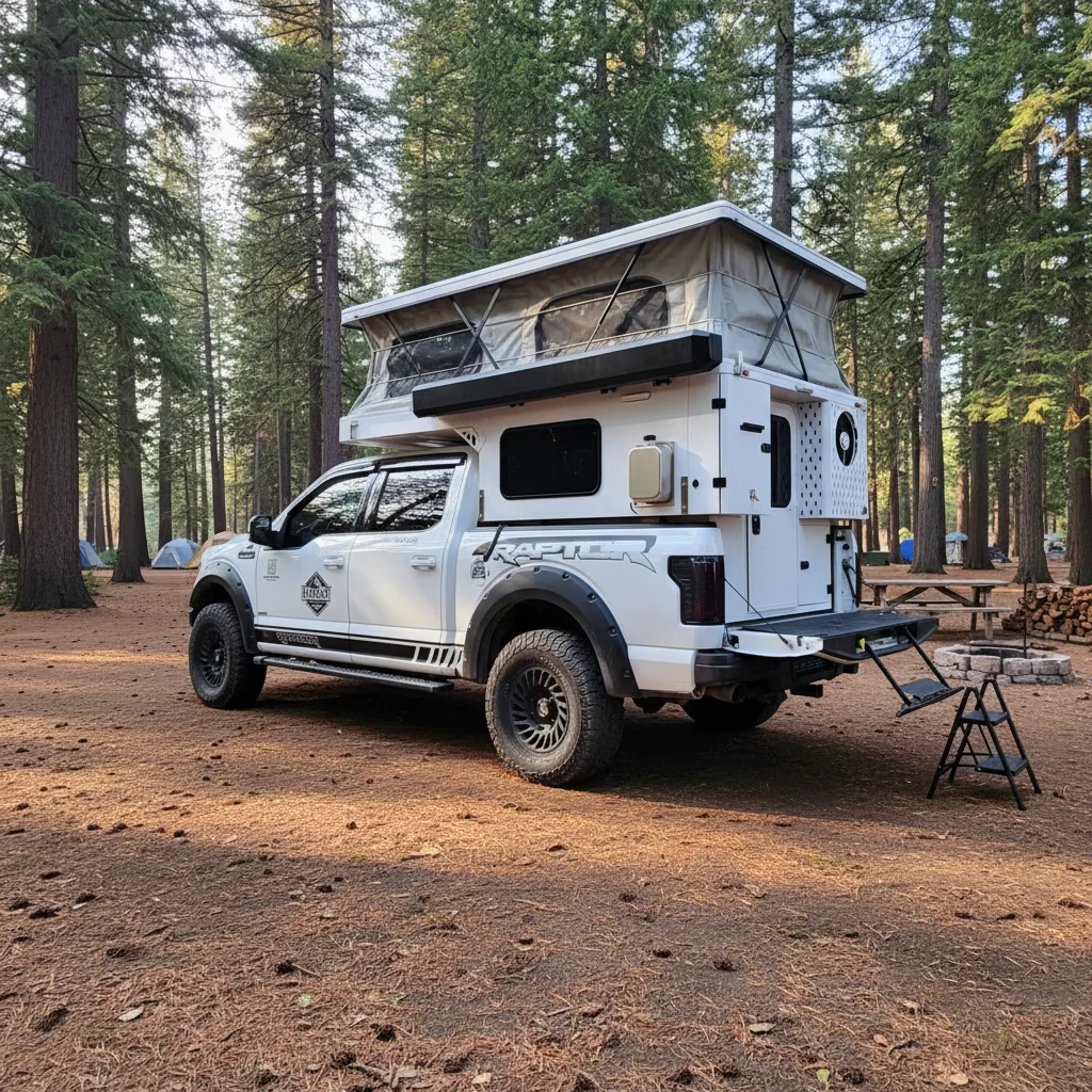 Camping Truck Camper de Abertura Rápida para Terrenos Irregulares, Reboque para RV, Caravana Moderna Móvel 4x4 em Fibra de Vidro de Alta Qualidade
