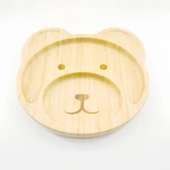 Good Design Silicone Suction Wooden Children Dinner Bamboo bear Baby Bowl Plate Kids Feeding Plate For Tableware