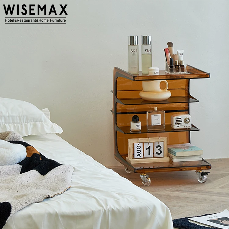 WISEMAX FURNITURE Nordic Living Room Furniture C Shape White Side Table Plastic Frame 4 Layers Coffee Table with Wheel