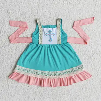 Wholesale Baby Girl Summer Easter Boutique Embroidered Cross Tank Green Lace Dress Newborn Children Infant Fashionable Clothes