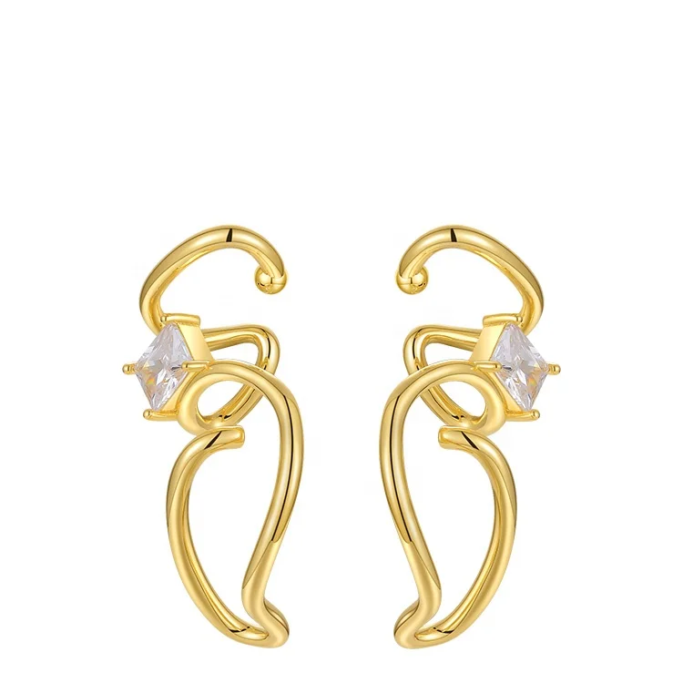 High Quality 18K Gold Plated Brass Jewelry Square Zircon Irregular Winding Lug Ear Clip Earrings E211224