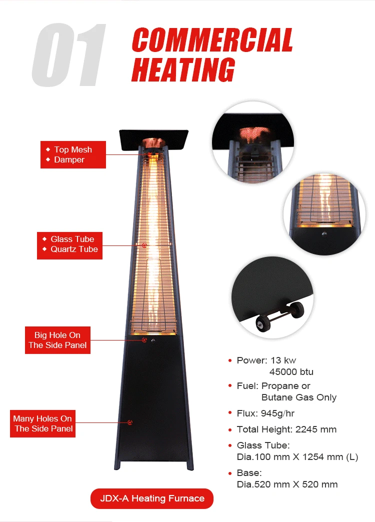Outdoor Tower Standing Gas Heater Garden Camping Stainless Steel Flame Patio Customizable Gas
