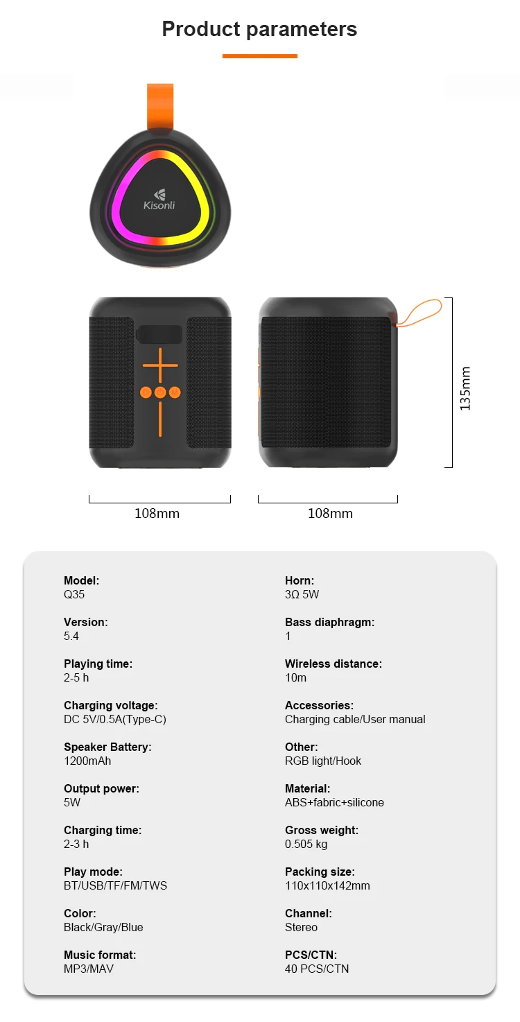 Kisonli Q35 Custom logo Blue Tooth Music Studio Portable Speaker with Light