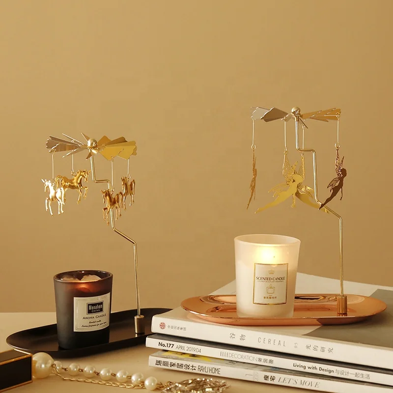 Factory Supply Customize Romantic Heat Rotating Spinning Metal Tealight Carousel Candle Holder